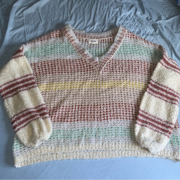 ADORA Sweaters - ADORA Cream Multicolor Striped V-Neck Sweater